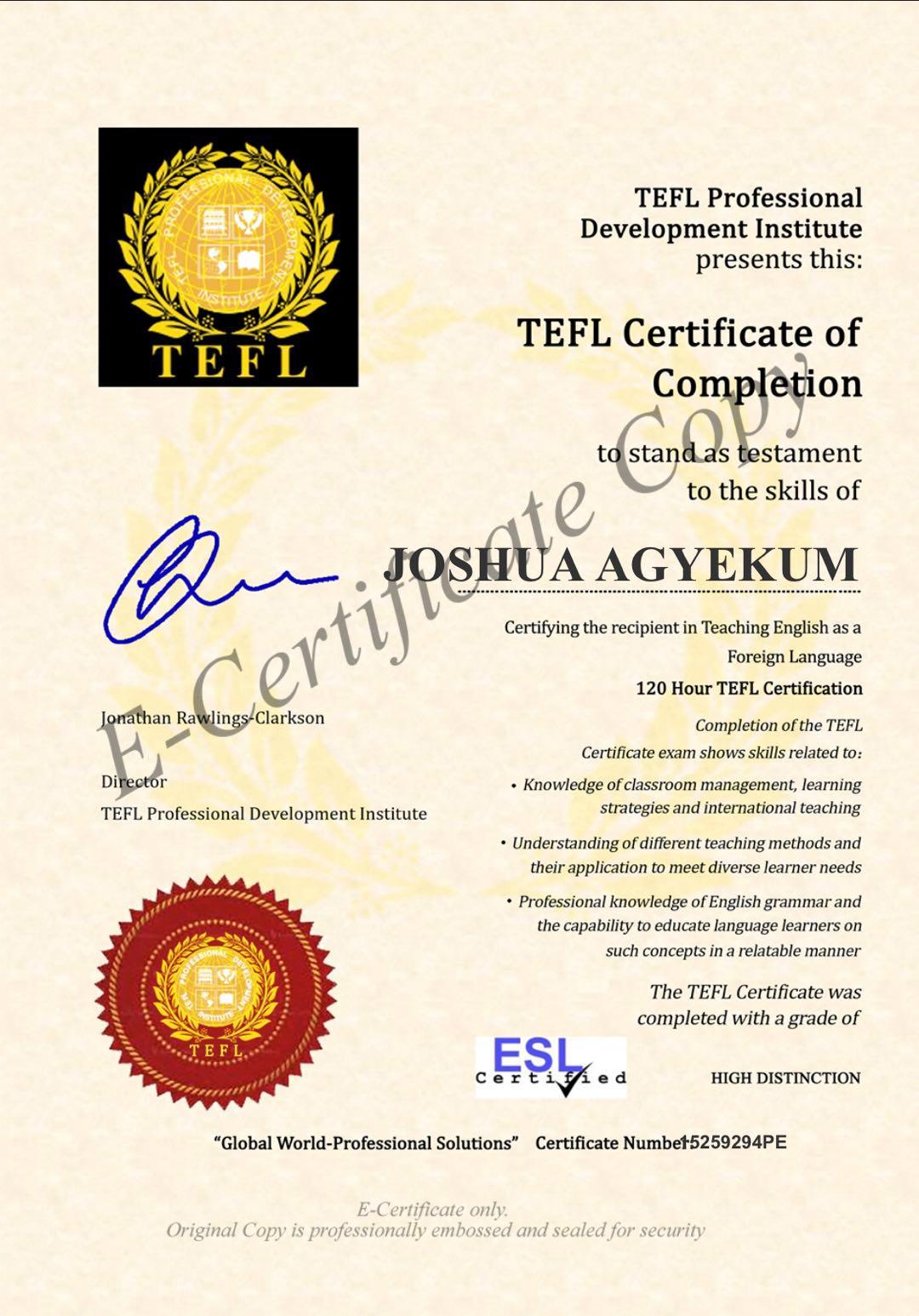 TEFL Certificate High Distinction